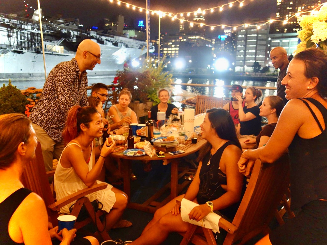 a group of people sitting at a table