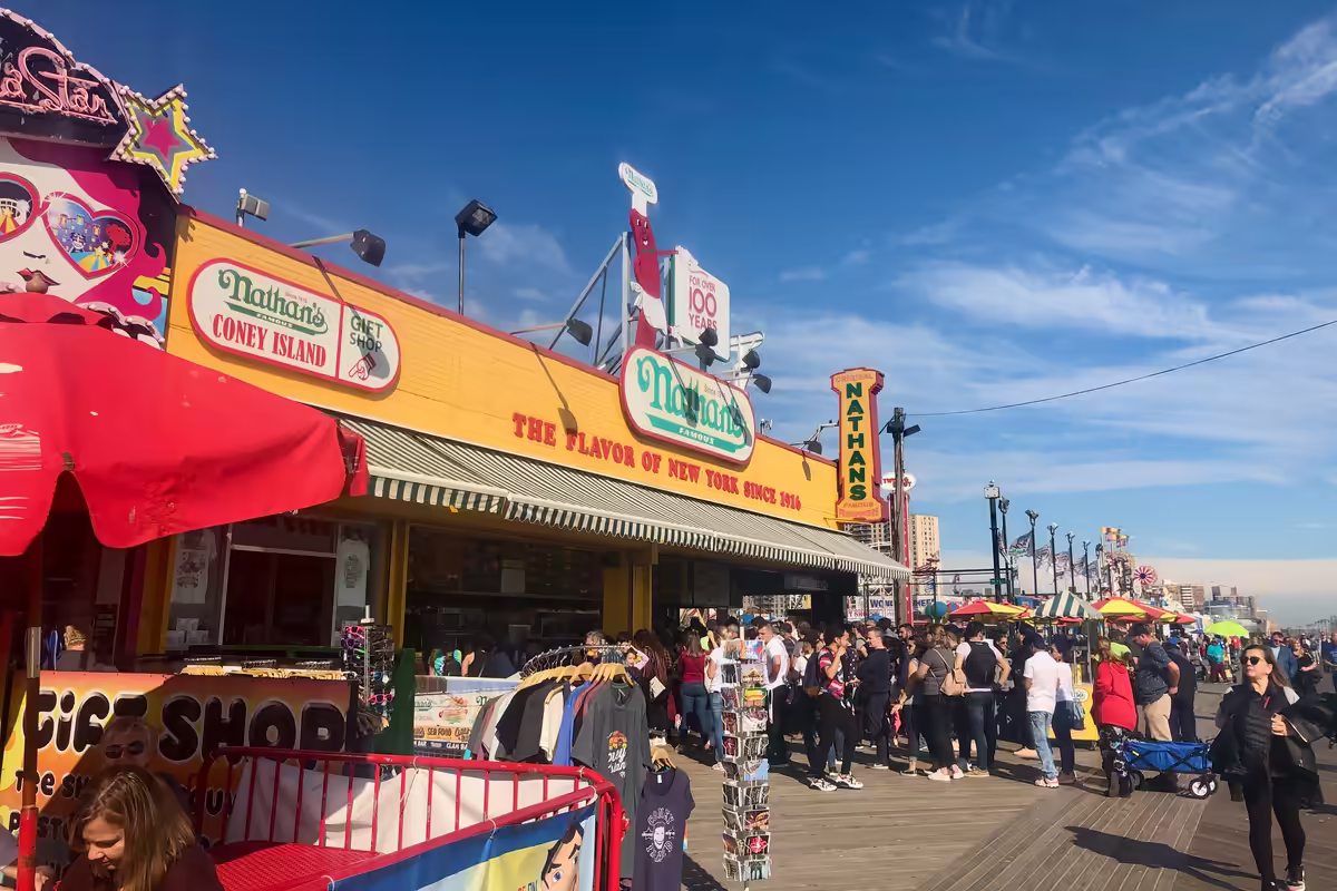Nathan's Famous Coney Island on a sunny summer day.