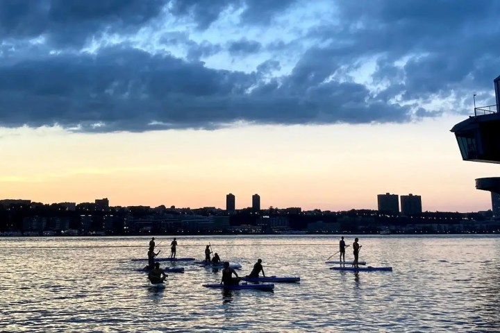 People paddleboarding on a river at sunset with a city skyline and cloudy sky in the background.
