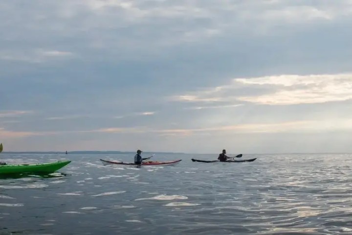 Four sea kayakers paddle on a calm Atlantic Ocean in the NY Lower Bay under a cloudy sky with sunlight breaking through.