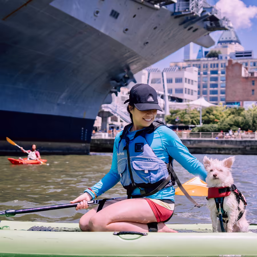 A happy dog wearing a lifejacket on a paddleboard with its owner at Manhattan Kayak, highlighting dog-friendly kayaking and paddleboarding in NYC at Hudson River Park.