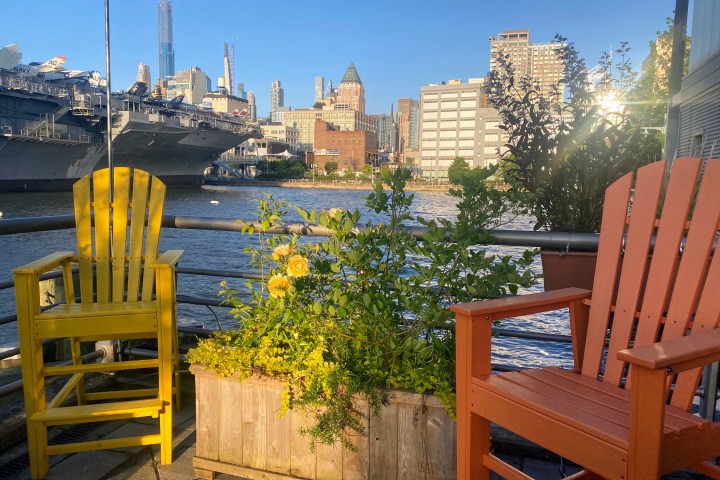views of Midtown Manhattan from the boathouse on the Hudson River at Pier 84 waterfront party NYC