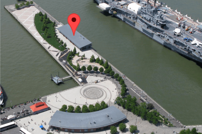 aeriel view of Pier 84 in Manhattan with a map marker on the boathouse