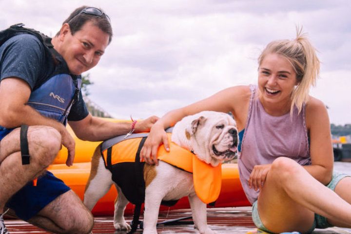 a dog owner and his dog both wearing lifejackets