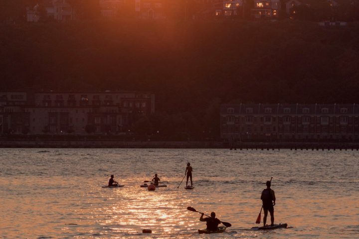 kayakers and paddle boarders on the water at sunset in NYC