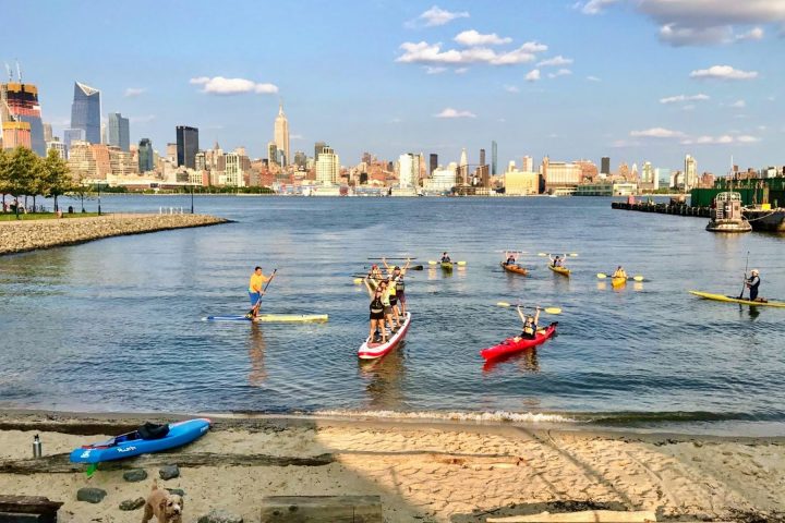 kayakers and paddle boarders on the water near a beach
