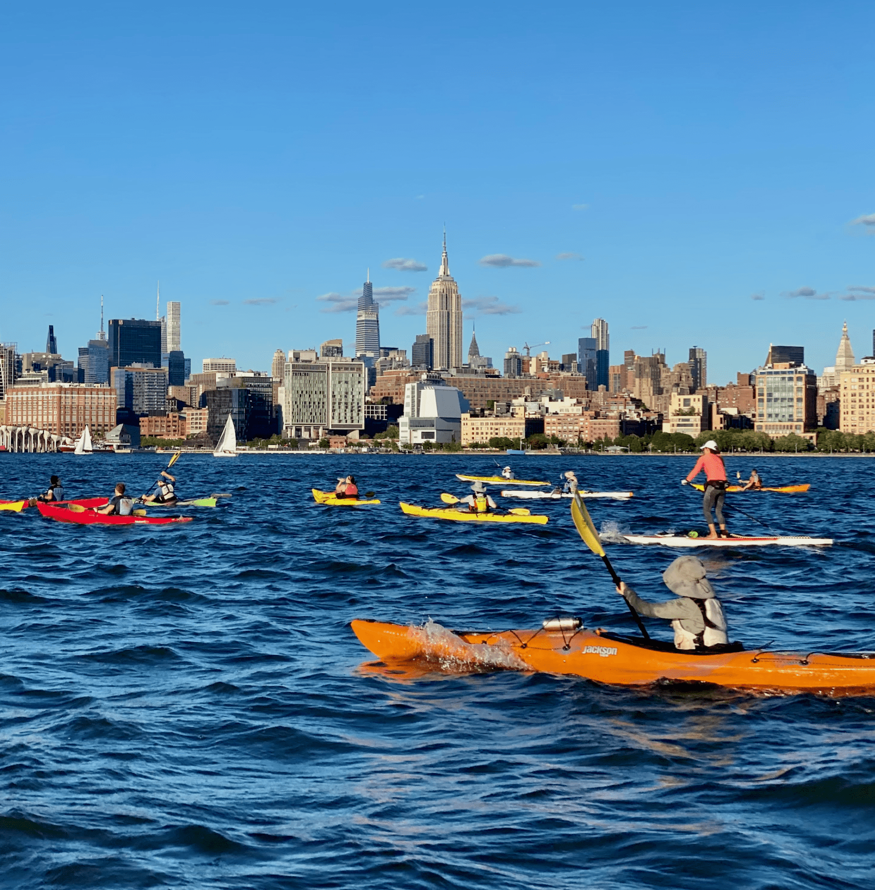 Manhattan Kayak Trip kayakers and SUPers on the Hudson River