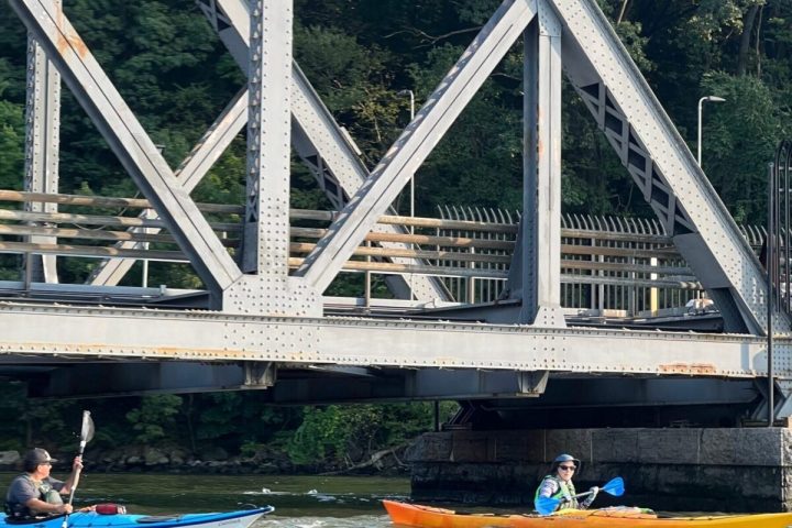 a group of people on a bridge over a body of water