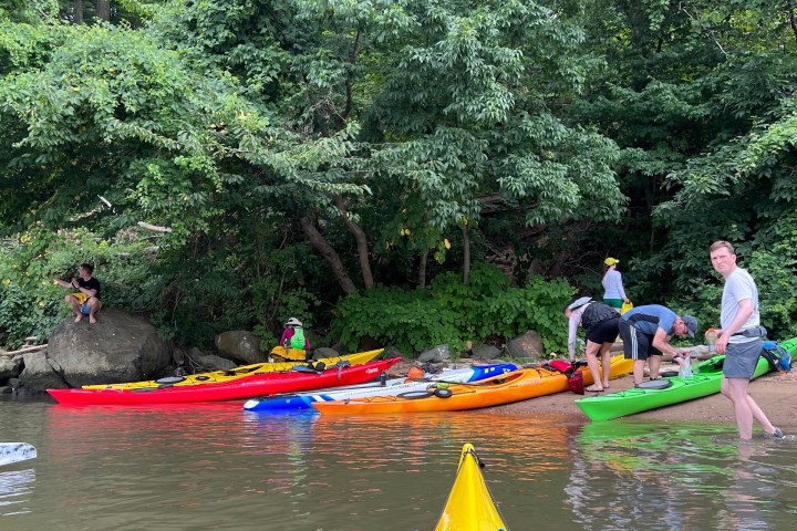 a group of people rowing a boat in the water