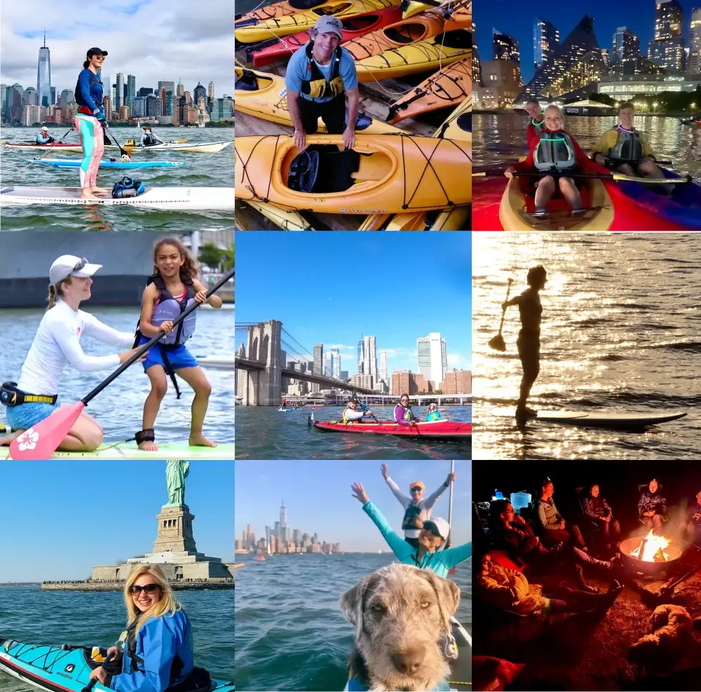 nyc-kayaking-photo-grid-manhattan-kayak-co-NYC Nine-photo collage of kayaking and paddleboarding on the Hudson River in New York City, showing skyline views, instruction, group outings, and waterfront community moments with locals and visitors.