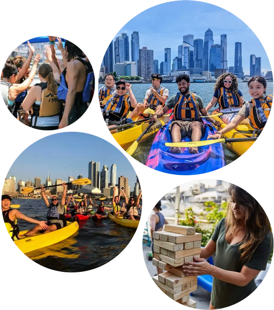 Corporate team building collage with kayaking, skyline views, lawn games, and group high fives in New York City
