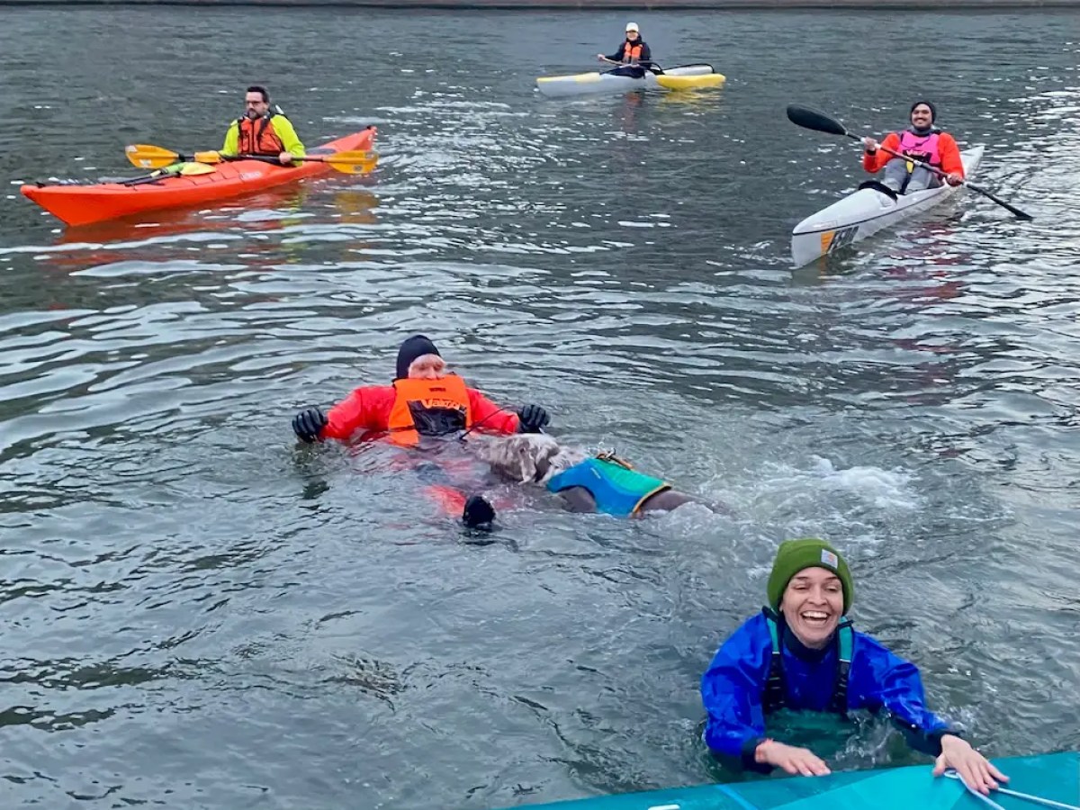 People kayaking with one person swimming and smiling in the water near a large ship.
