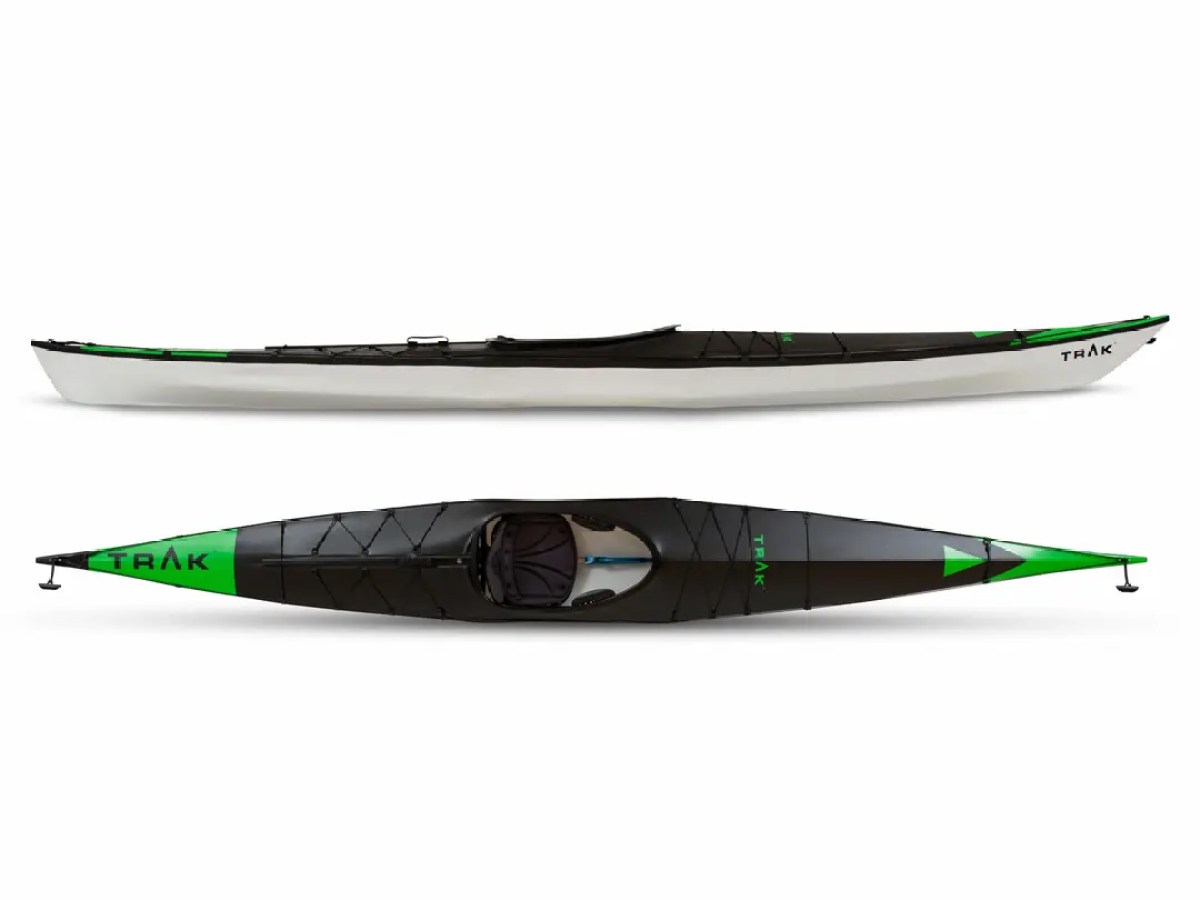 Black and green kayak shown from side and top views on white background.