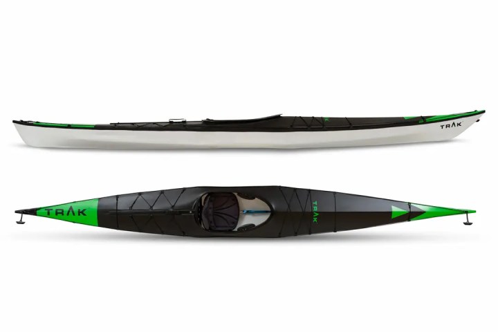 Black and green kayak shown from side and top views on white background.