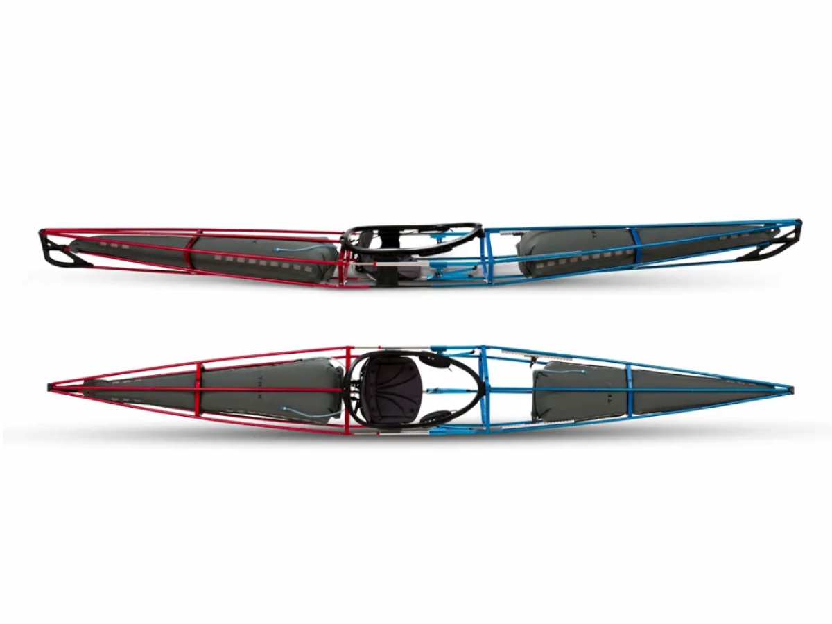Two lightweight TRAK kayak frames, shown from side and top views.