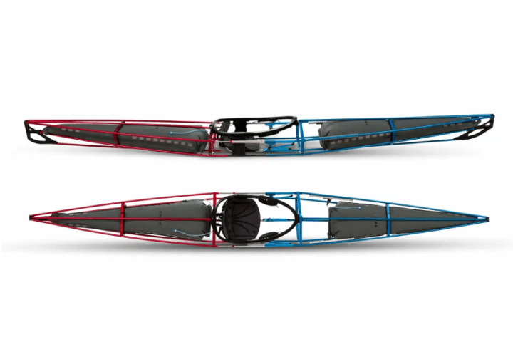 Two lightweight TRAK kayak frames, shown from side and top views.