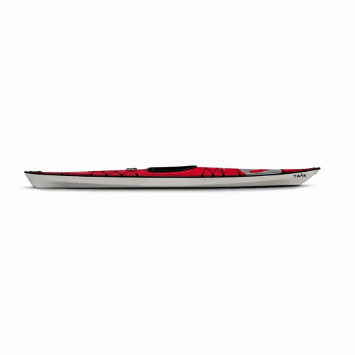 Red and black kayak with spider web pattern on a white background.