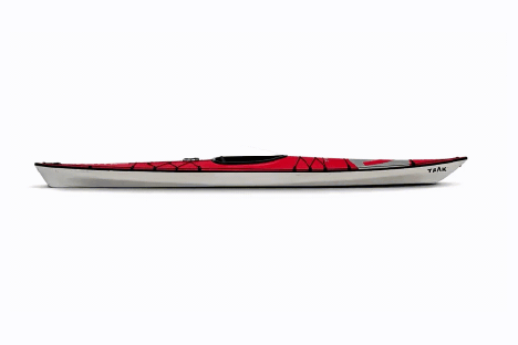 Red and black kayak with spider web pattern on a white background.