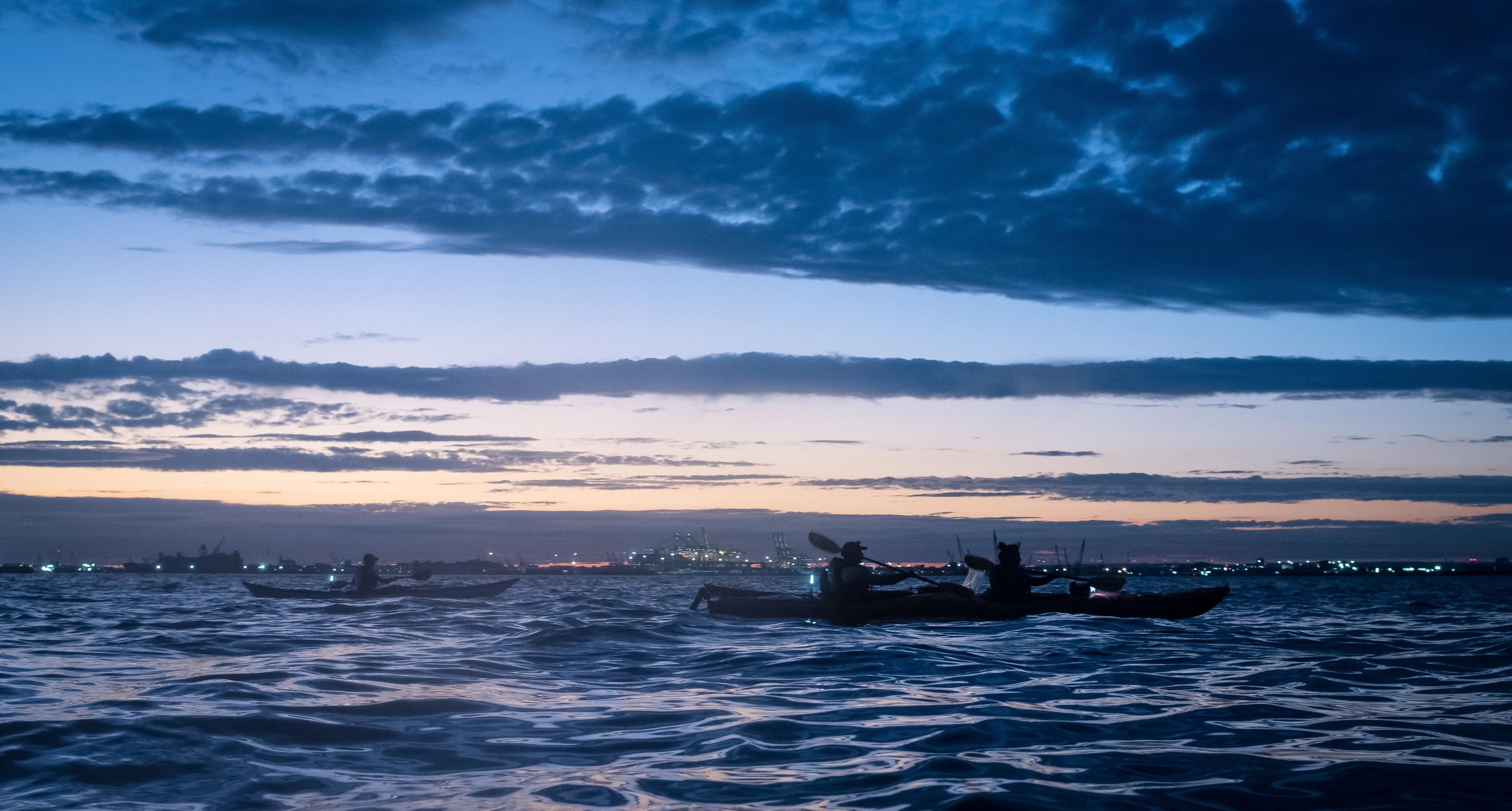 Silhouetted kayakers on water at dusk with city lights and cloudy sky in the background.