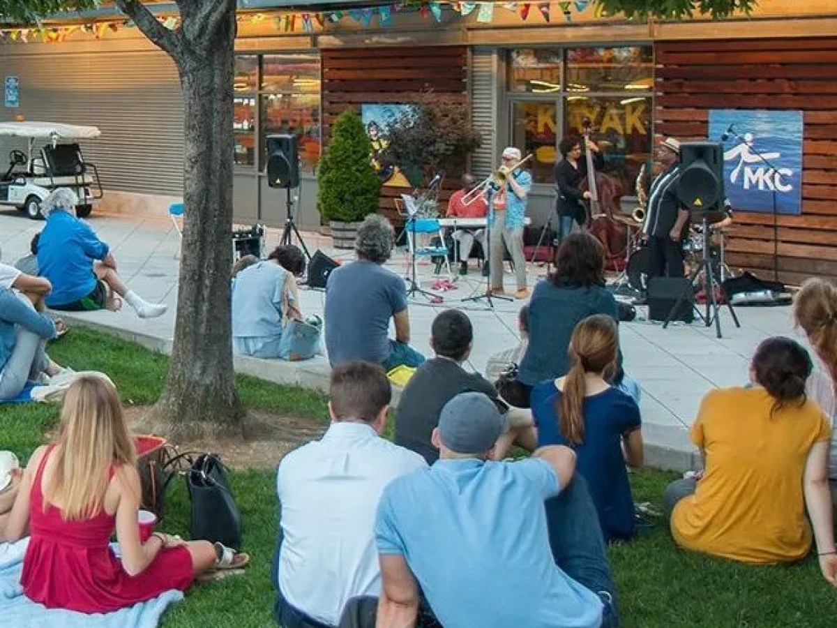 Outdoor concert with small jazz band performing, audience seated on grass, tree, and festive flags.