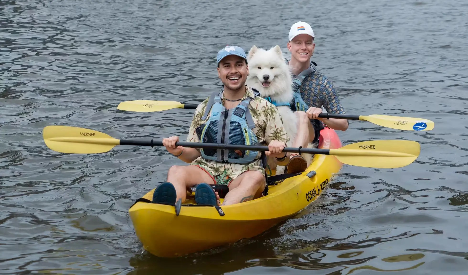 Dog-friendly kayaking at Manhattan Kayak Co, Pier 84. A fluffy Samoyed in a yellow rental kayak with two smiling men riding a tandem kayak in the Intrepid Museum cove. Photo by Isma Vidal.