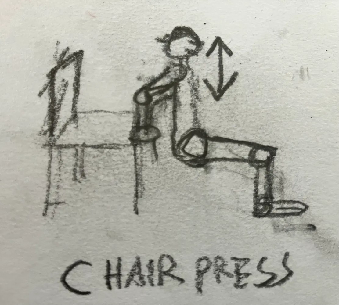Sketch of a stick figure doing a chair press exercise with arrows.
