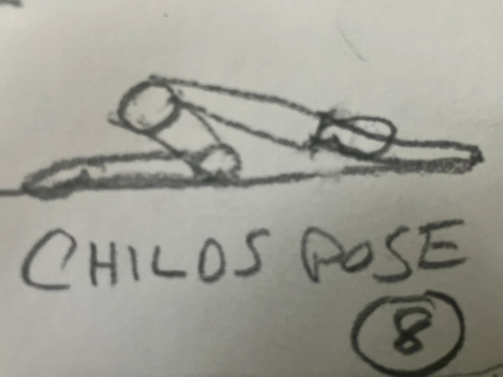 Sketch of a person in a child's pose with handwritten label 'CHILD'S POSE' and number 8 circled.