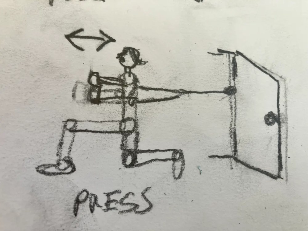 Sketch of a person doing a door press exercise with arrows indicating movement direction.