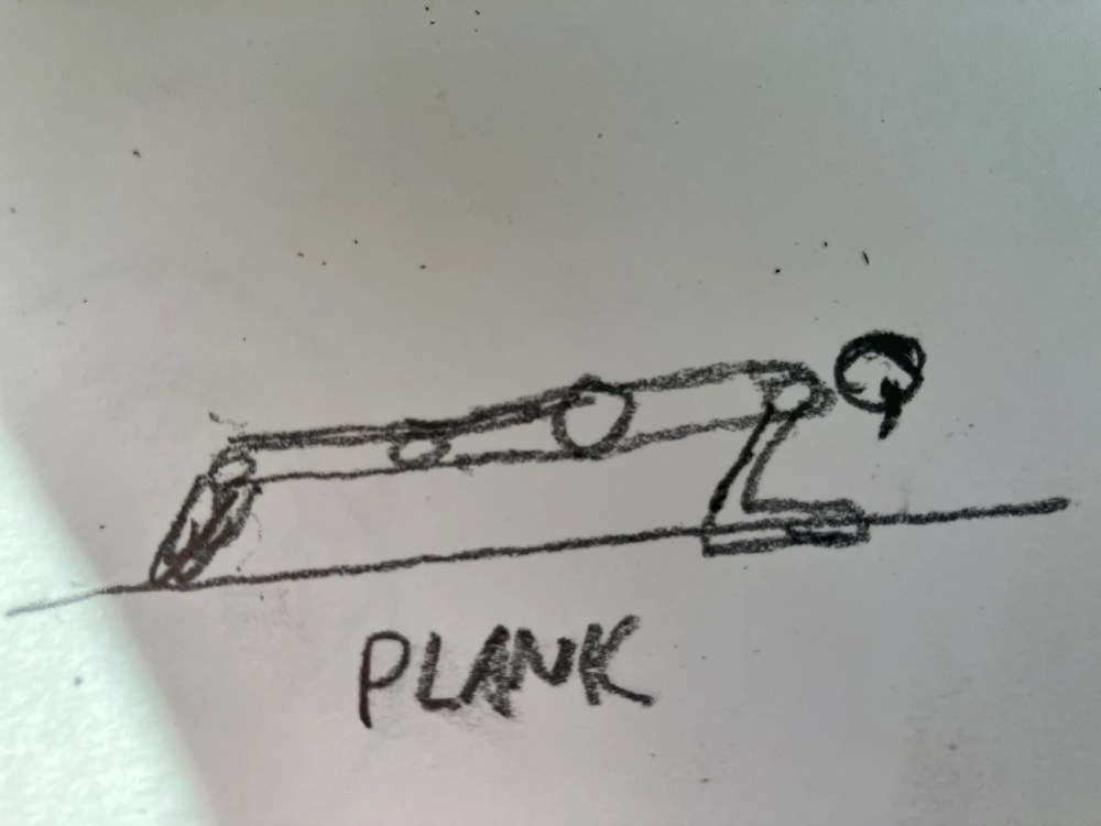 Simple line drawing of a person doing a plank exercise, labeled 'PLANK' underneath.