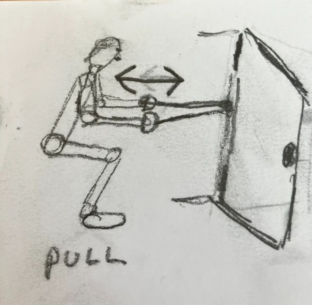 Stick figure pulling a door; labeled 'PULL' with directional arrow.