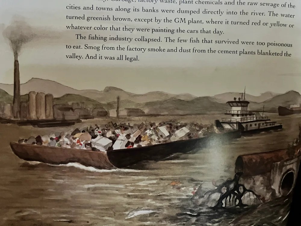 Illustration of a polluted river with a boat carrying trash, factories and smoke in the background.