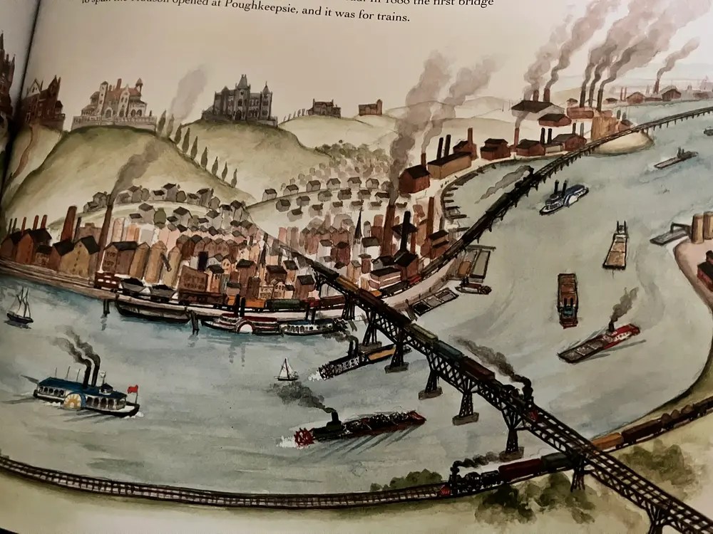 Illustrated river scene with bridges, trains, boats, and smoky factories.