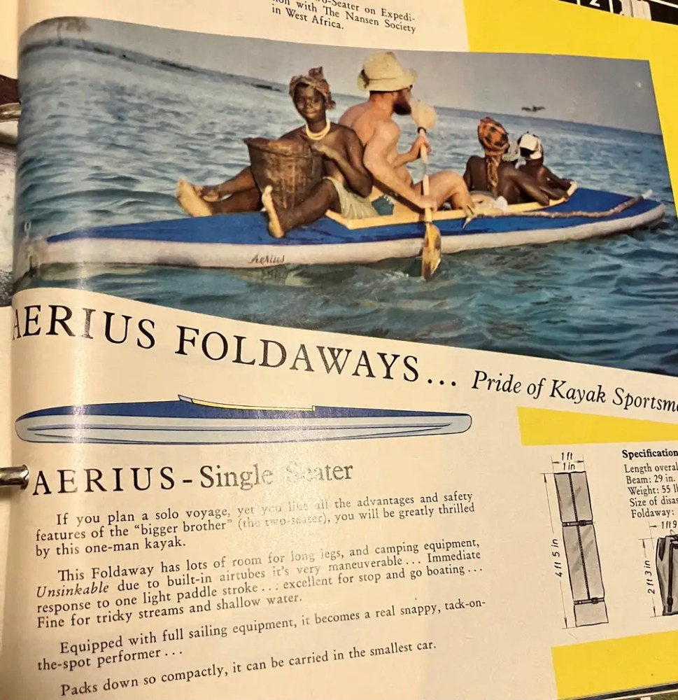 Vintage magazine ad showing a kayak with four people on water.