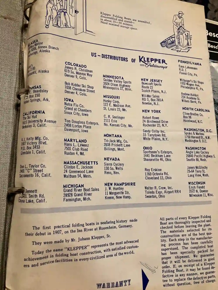 Page listing distributors of Klepper kayaks in various US states, with a historical note at the bottom.