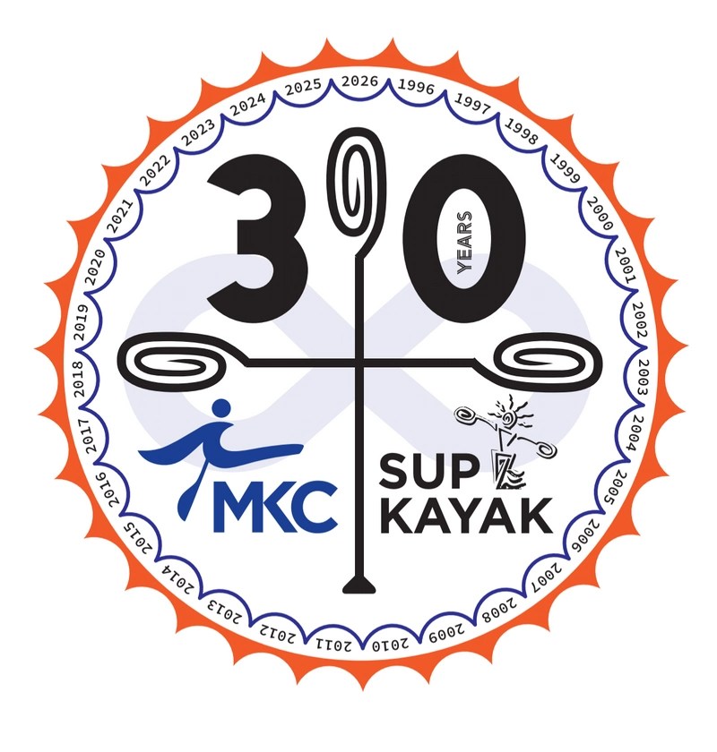 MKC SUP Kayak 30 years logo with paddle design and date border.