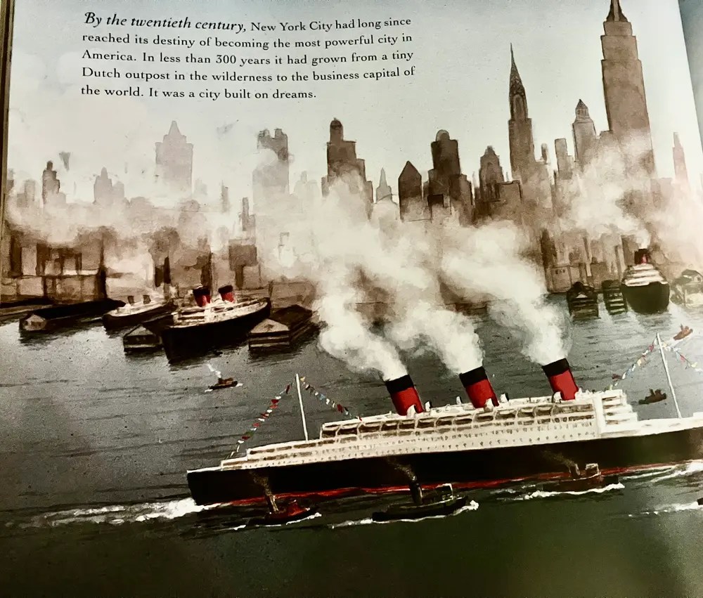 Painting of ships in New York harbor with a city skyline and smoke stacks.
